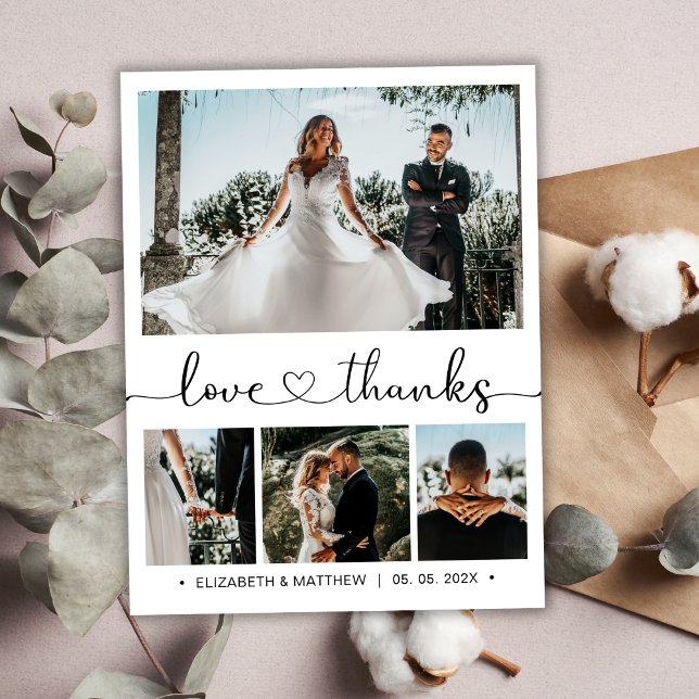 Love and Thanks Heart Script Photo Collage Wedding Thank You Card (Creator Uploaded)
