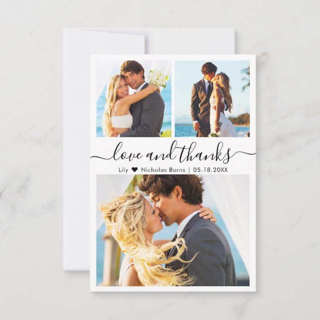 Love and Thanks Heart Script Photo Wedding  Thank You Card (Front)