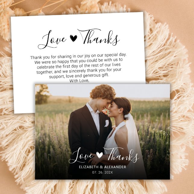 Love and Thanks Heart Script Wedding Photo Thank You Card (Creator Uploaded)