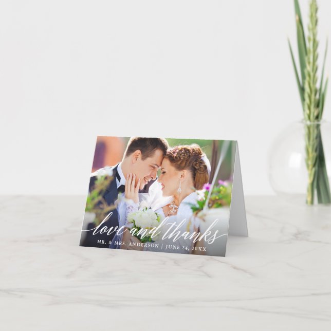 Love and Thanks Modern Calligraphy Wedding Note Thank You Card (Front)