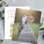 Love and thanks modern script 2 photos wedding thank you card<br><div class="desc">Simple minimalist elegant chic love and thanks calligraphy script dark overlay text personalized wedding thank you card with two photos,  your custom text,  and signature.</div>