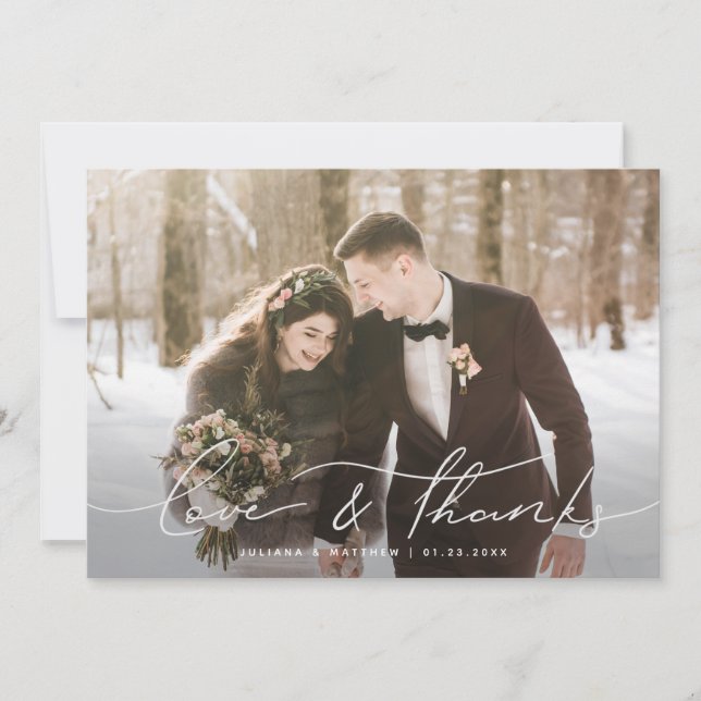 Love and Thanks Modern Script Wedding Photo Thank You Card (Front)