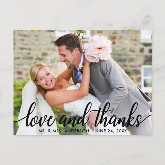 Love and Thanks Modern Wedding Mr. and Mrs. Postcard (Front)
