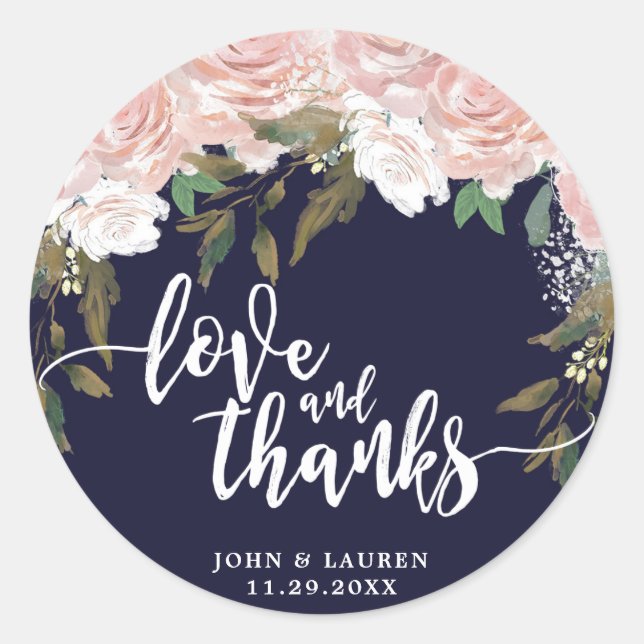 love and thanks Navy pale pink floral stickers (Front)