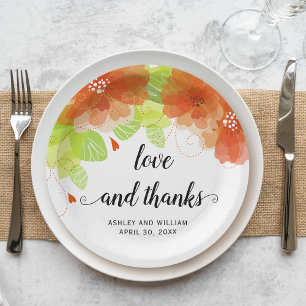 Love and thanks orange flowers, floral wedding paper plate