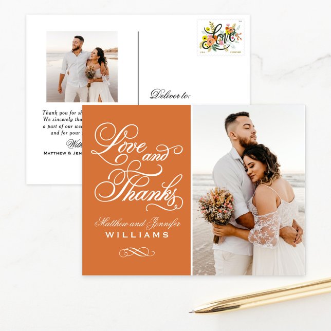 Love and Thanks Orange Wedding Photo Thank You Postcard (Creator Uploaded)