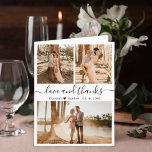Love and Thanks Photo Collage Wedding  Thank You<br><div class="desc">Minimalist, Modern Hand Lettered Wedding Photo Thank You Folded Card. Stylish, Elegant thank you card template featuring three photo on the front and one photo inside. With the text "Love and thanks" in a swirly hand lettered typography script font in black on white background. Personalize the custom name and thank...</div>