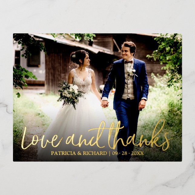 Love And Thanks Photo Wedding Thank You Foil Foil Holiday Postcard (Front)