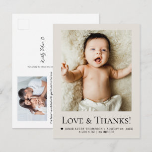 Love and Thanks Photos Birth announcement Beige Postcard