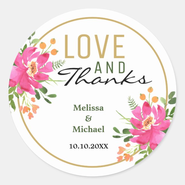 Love And Thanks Pink Floral Wedding Classic Round Sticker (Front)