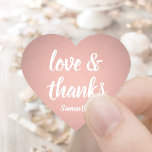 Love and Thanks Pink Rose Gold Faux Foil Thank You Heart Sticker<br><div class="desc">Add an elegant personalized finishing touch to thank you notes, party favours, and decorations with chic calligraphy heart shaped stickers / envelope seals. Design features pretty pink rose gold faux metallic foil, stylish script typography love and thanks, and a name. All text on these versatile labels is simple to customize,...</div>
