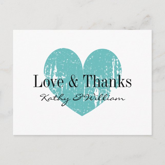 Love and thanks postcard with aqua vintage heart (Front)