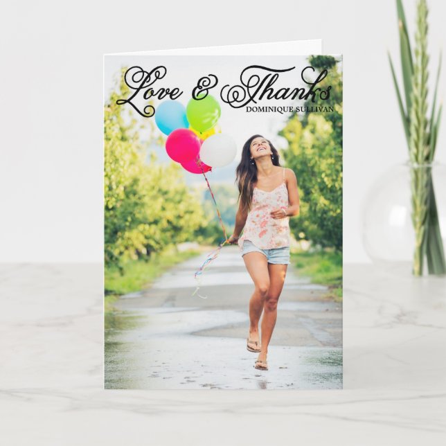 Love and Thanks Pretty Script Photo Graduation Thank You Card (Front)