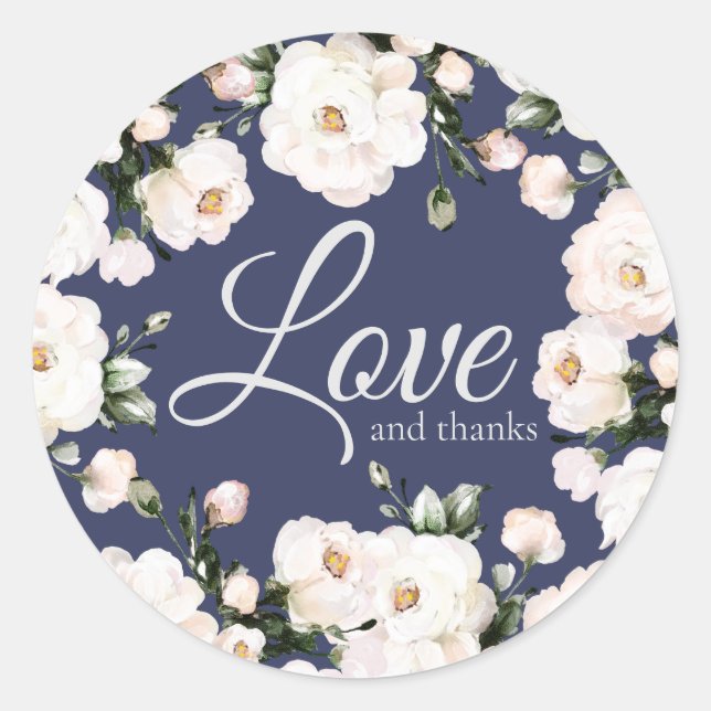 Love and Thanks Purple Elegant White Roses Wedding Classic Round Sticker (Front)