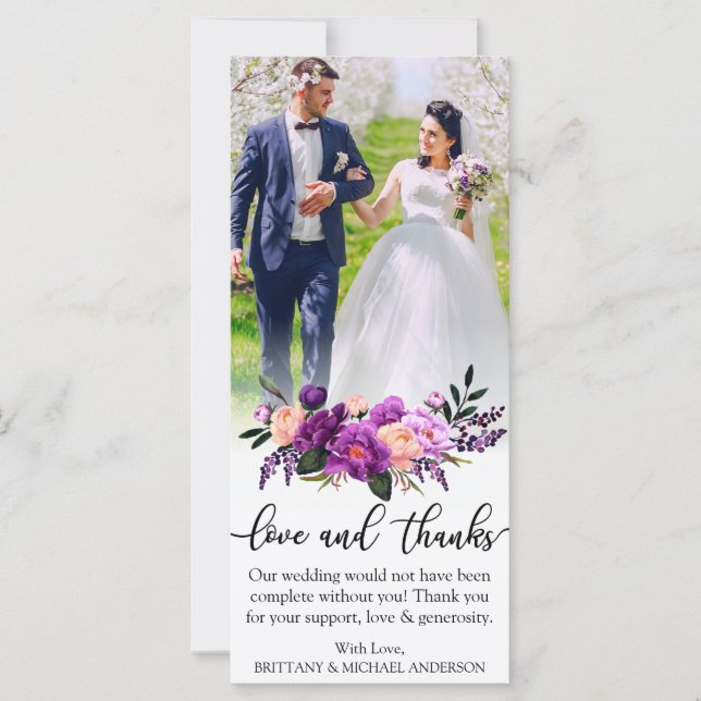 Love and Thanks Purple Floral Wedding Card (Front)