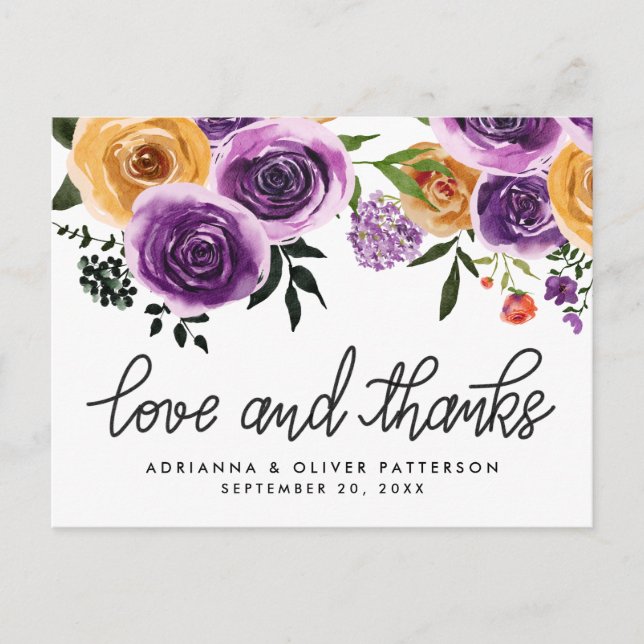 Love And Thanks Purple Yellow Flowers Postcard (Front)