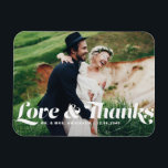 Love and Thanks Retro Script Photo Wedding Magnet<br><div class="desc">Celebrate your love and show gratitude with our customizable photo wedding thank you magnet! This unique keepsake is perfect for reminding your loved ones of your special day while expressing your heartfelt thanks in a memorable way. It features the phrase "Love & Thanks" in charming retro script. This photo wedding...</div>