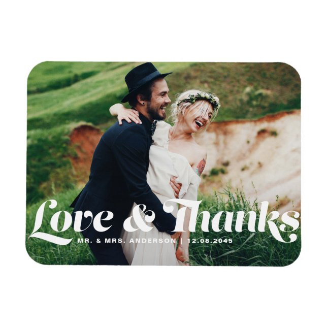 Love and Thanks Retro Script Photo Wedding Magnet (Horizontal)