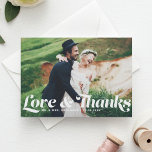 Love and Thanks Retro Script Photo Wedding Thank You Card<br><div class="desc">Thank your guests in style with our customizable photo wedding thank you card, featuring the phrase "Love & Thanks" in charming retro script. This photo thank you card beautifully combines personal sentiment with a touch of vintage flair. Showcase your favorite wedding photo, allowing you to share a glimpse of your...</div>