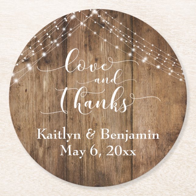Love and Thanks, Rustic Brown Wood & Lights Round Paper Coaster (Front)