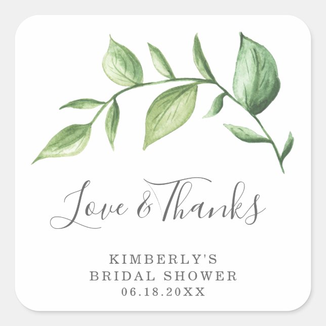 Love and Thanks Rustic Greenery Bridal Shower Square Sticker (Front)