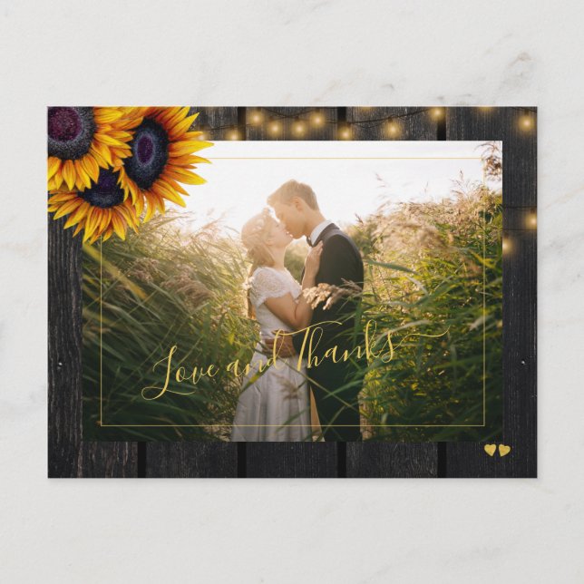 Love and thanks rustic sunflower wedding thank you postcard (Front)
