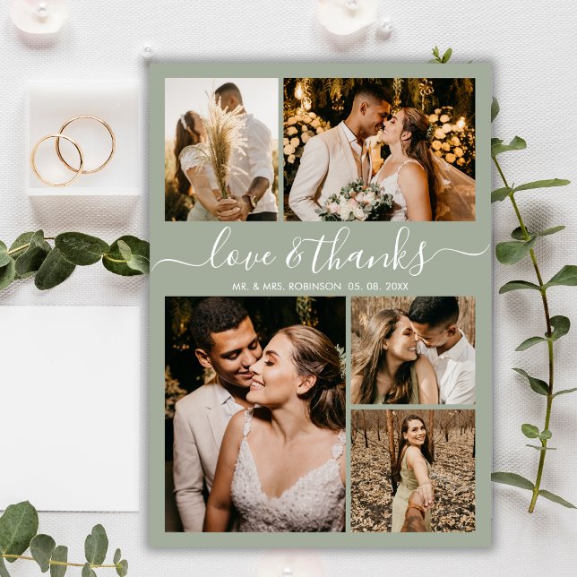 Love and Thanks Sage Photo Collage Wedding Thank You Card (Creator Uploaded)