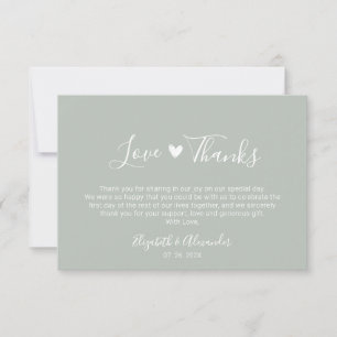 Love and Thanks Script Earthy Sage Green Wedding Thank You Card