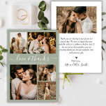 Love and Thanks Script Green Photo Collage Wedding Thank You Card<br><div class="desc">Elegant Script Sage Green Wedding Photo Collage Thank You Cards. Modern, minimal wedding thank you card template featuring five (5) photo on the front and one (1) photo on the back. With the text "Love and thanks" in a beautiful hand lettering typography script font in white on sage green or...</div>