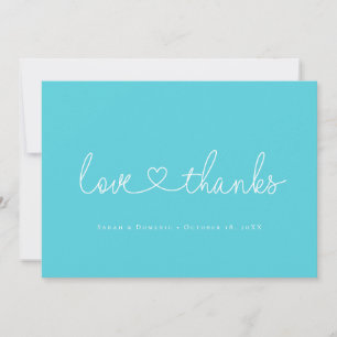Love and Thanks script heart photo cyan blue Thank You Card