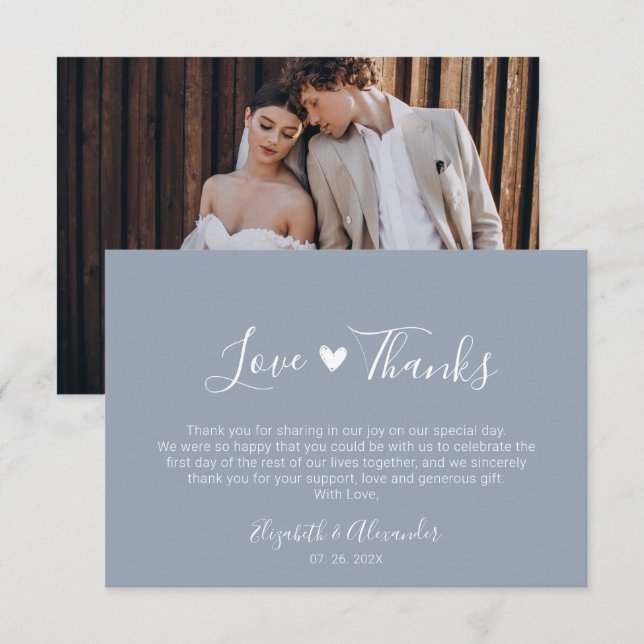 Love and Thanks Script Heart Wedding Photo  Thank You Card (Front/Back)
