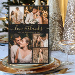 Love and Thanks Script Photo Collage Wedding Thank Thank You Card<br><div class="desc">Elegant, Minimalist Script Gold and Black Wedding 5 Photo Collage Thank You Cards. Modern wedding thank you card template featuring five (5) photo on the front and one (1) photo on the back. With the text "Love and thanks" in a swirly hand lettered typography script font in gold on black...</div>