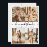Love and Thanks Script Photo Collage Wedding Thank You Card<br><div class="desc">Elegant, minimalist black and white hand lettering script photo collage personalized wedding thank you card. Stylish wedding thank you card template featuring four (4) photo on the front and one (1) photo on the back side. With the text "Love and thanks" in a swirly hand lettered typography swash tail font...</div>
