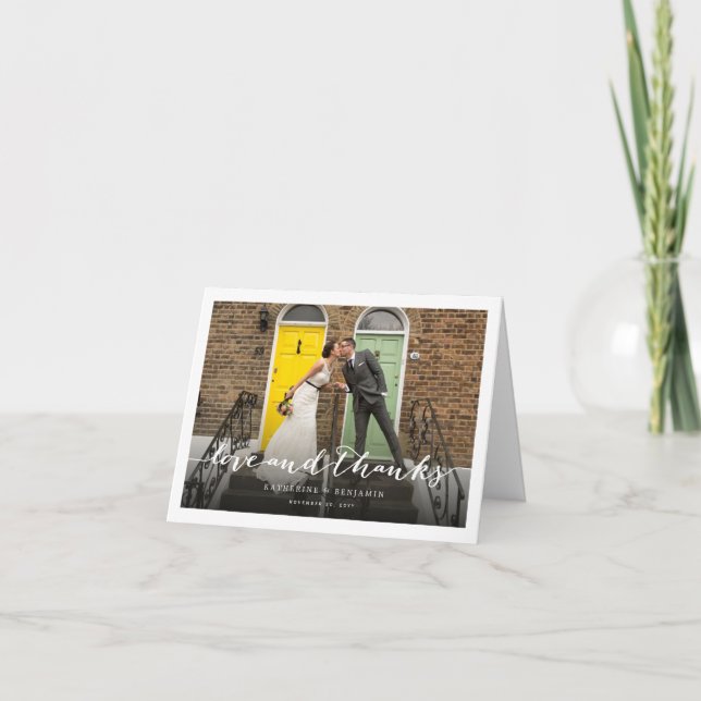 Love And Thanks Script Photo Wedding Thank You Note Card (Front)