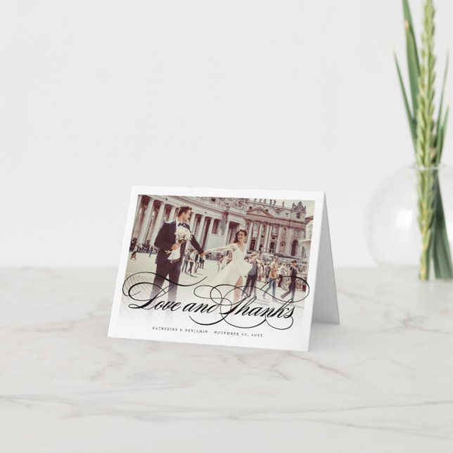 Love And Thanks Script Photo Wedding Thank You Note Card (Front)