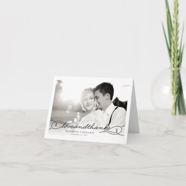 Love And Thanks Script Photo Wedding Thank You Note Card (Front)