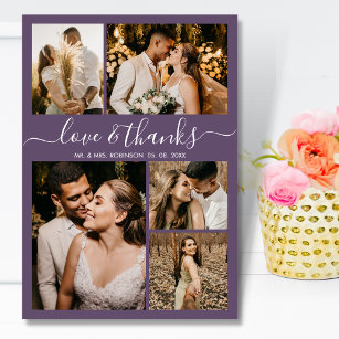 Love and Thanks Script Purple 5 Photo Wedding Thank You Card