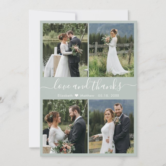 Love and Thanks Script Sage Green Collage Wedding Thank You Card (Front)