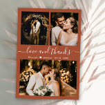 Love and Thanks Script Terracotta Wedding Thank You Card<br><div class="desc">Elegant, Modern Terracotta Hand Lettered Photo Collage Wedding Thank You Card. Stylish wedding thank you card template featuring three photo on the front and one photo on the back. With the text "Love and thanks" in a swirly hand lettered typography script font on earthy terracotta, rust burnt orange background. Personalize...</div>
