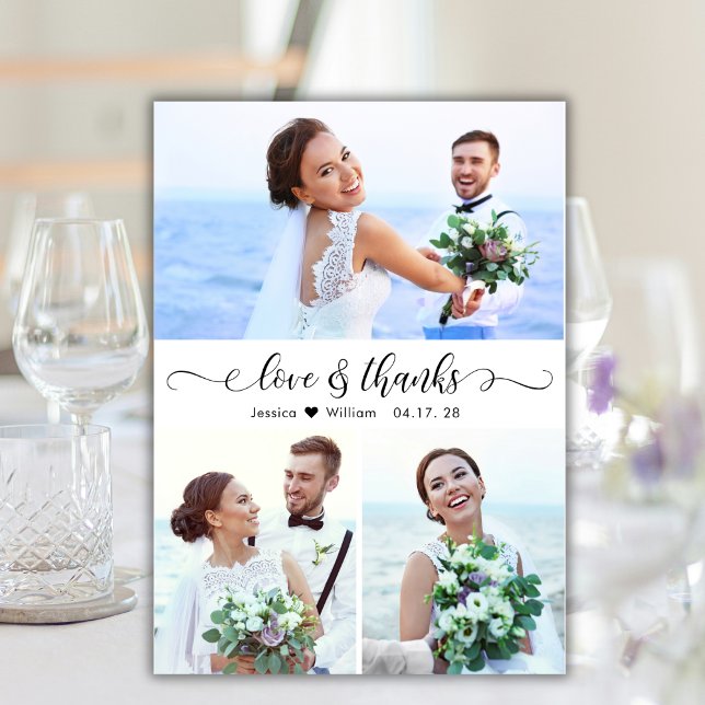 Love and Thanks Script Wedding 3 Photo Collage Thank You Card (Creator Uploaded)
