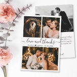 Love and Thanks Script Wedding Photo  Thank You Card<br><div class="desc">Elegant, Minimalist Hand Lettered Wedding Photo Thank You Card. Stylish wedding thank you card template featuring three photo on the front and one photo on the back. With the text "Love and thanks" in a swirly hand lettered typography script font in black on white background. Personalize the custom name and...</div>