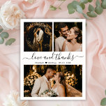 Love and Thanks Script Wedding Photo Thank You Flyer<br><div class="desc">Budget, Elegant, Minimalist Hand Lettered Photo Collage Wedding Thank You personalized affordable low budget flyer. Stylish wedding thank you paper template featuring three photo on the front and one photo on the back. With the text "Love and thanks" in a swirly hand lettered typography script font in black on white...</div>