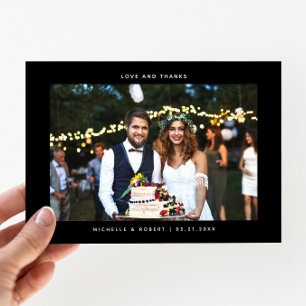 Love and Thanks Simple Wedding Photo Black Thank You Card