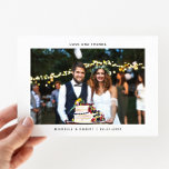 Love and Thanks Simple Wedding Photo Thank You Card<br><div class="desc">Simple and minimalistic wedding thank you card featuring your wedding photo with a white frame with texts around that says "Love and Thanks" and the couple's names and the wedding date. There is a pre-printed message on the back of the card that's editable and another picture can be added as...</div>