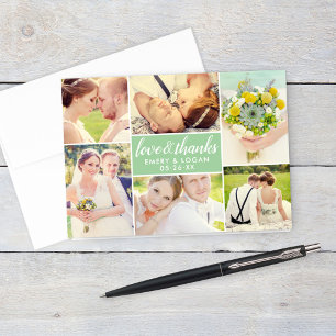 Love and Thanks Spring Green Wedding Photo Collage Thank You Card