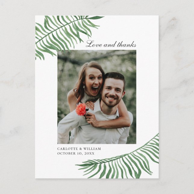 Love and thanks. Tropical leaves wedding thank you Postcard (Front)