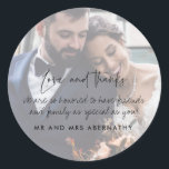 Love and Thanks Wedding Photo Favour Stickers<br><div class="desc">Customize these wedding favour thank you stickers with your favourite photograph,  your message and names.  Your photo is faded behind the text so it makes your message easier to read.</div>