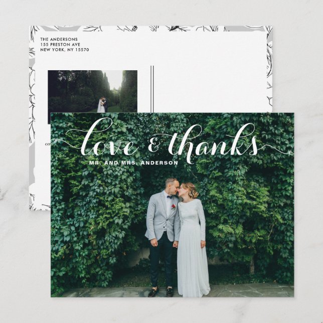 Love and Thanks Whimsical Script Photo Wedding Postcard (Front/Back)