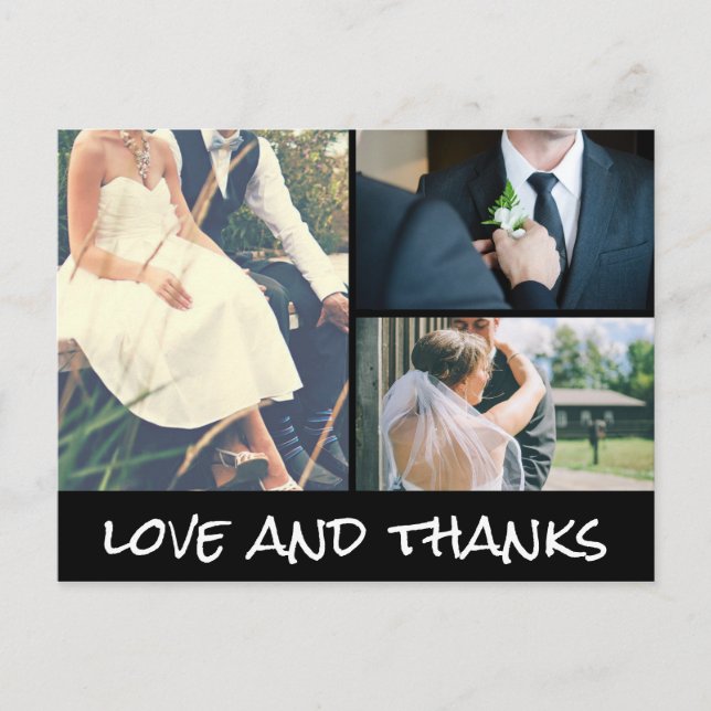 Love And Thanks White Script Three Wedding Photo Postcard (Front)