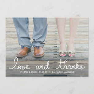 Love And Thanks White Typography Wedding Photo Thank You Card